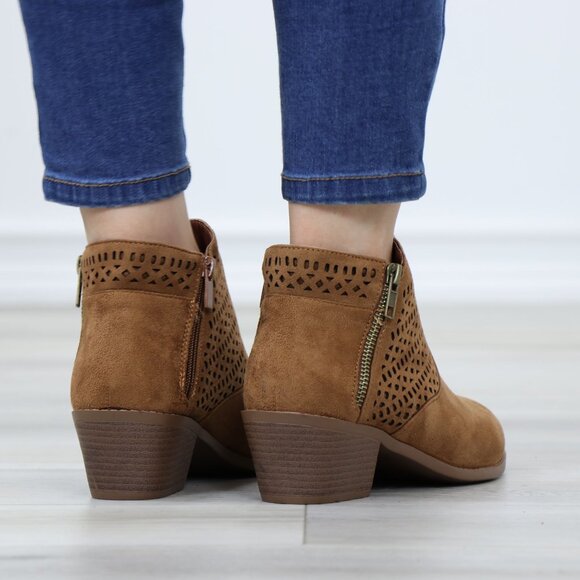 Tan Round Toe Low Heel Ankle Boots Faux Suede Lacer Cut Design - Picture 6 of 12